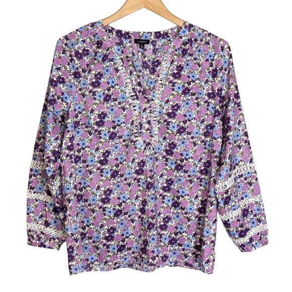 EUC Talbots Floral Embroidered Top Sz M Tossed Ditsy Purple Pink Long Slv Boho - Picture 3 of 8